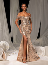 Elegant Off Shoulder Mermaid Hem Sequin Evening Dress with Side Slit